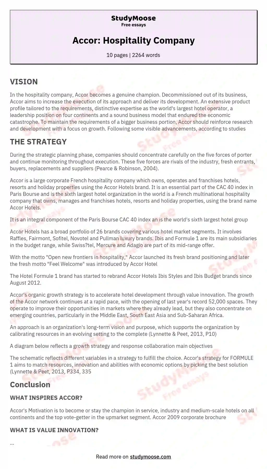 Accor: Hospitality Company Free Essay Example
