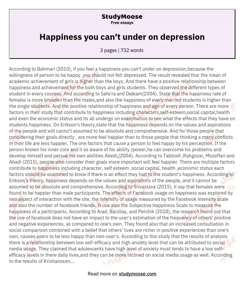 Happiness you can't under on depression essay