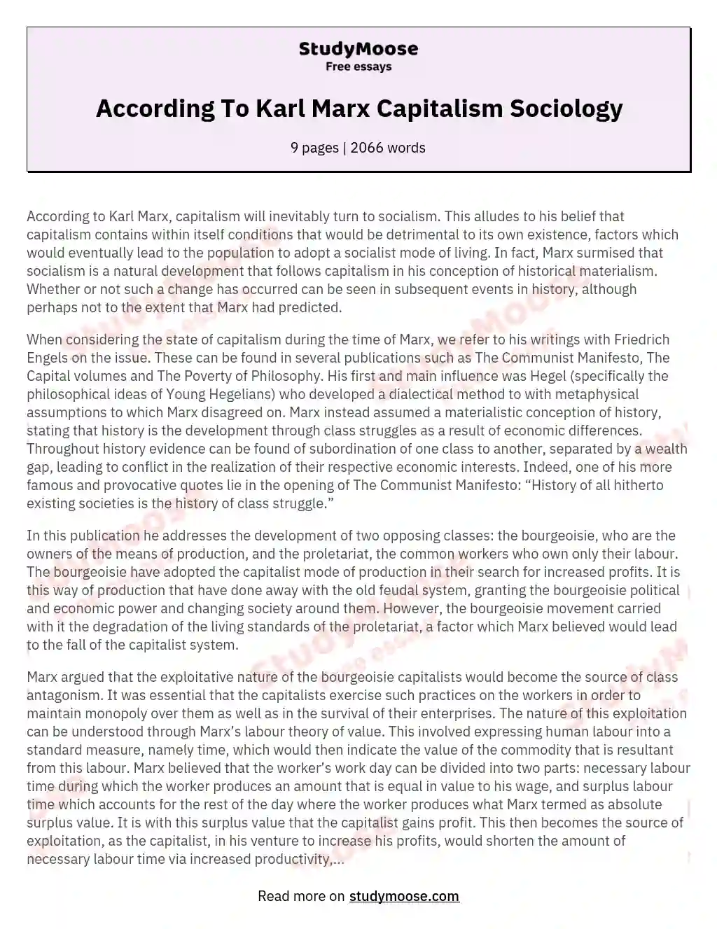 According To Karl Marx Capitalism Sociology essay