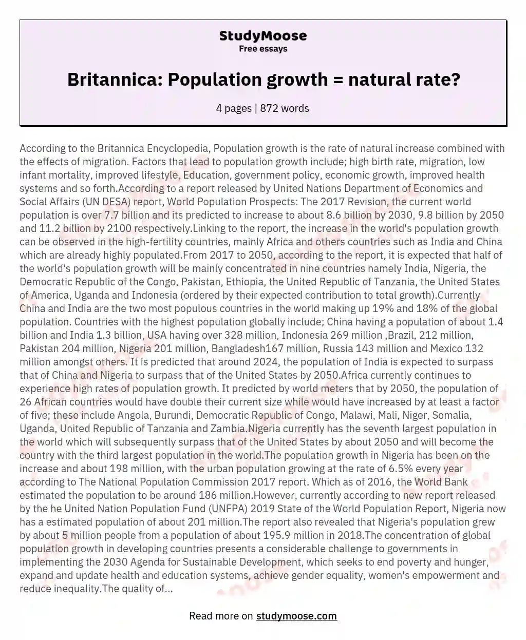 Britannica: Population growth = natural rate? essay