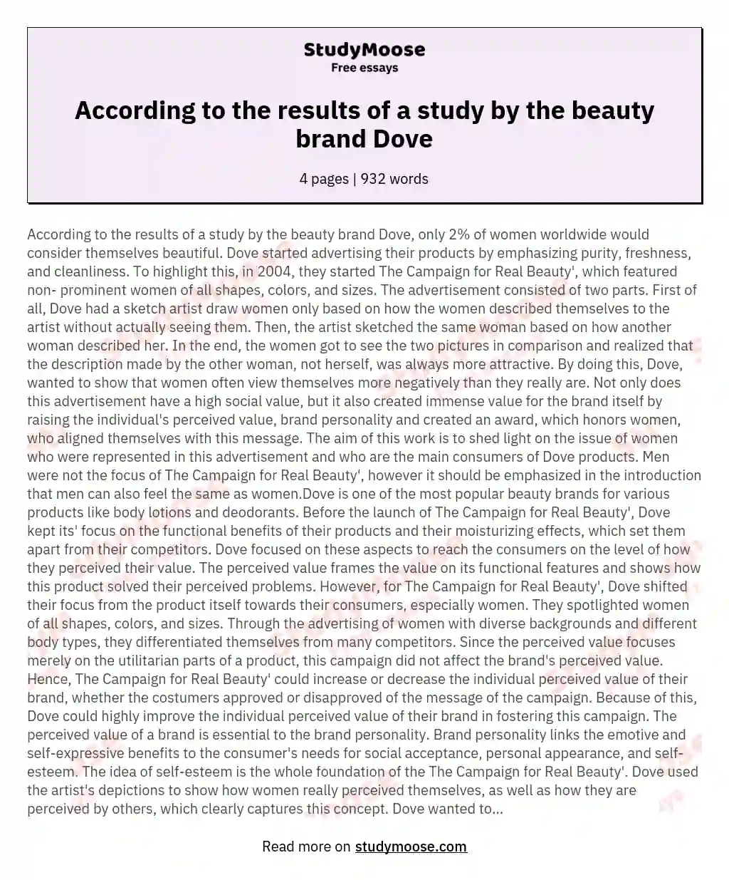 According to the results of a study by the beauty brand Dove essay