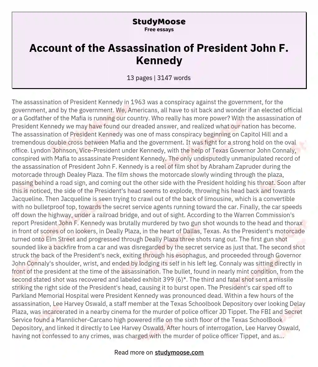 Account of the Assassination of President John F. Kennedy essay