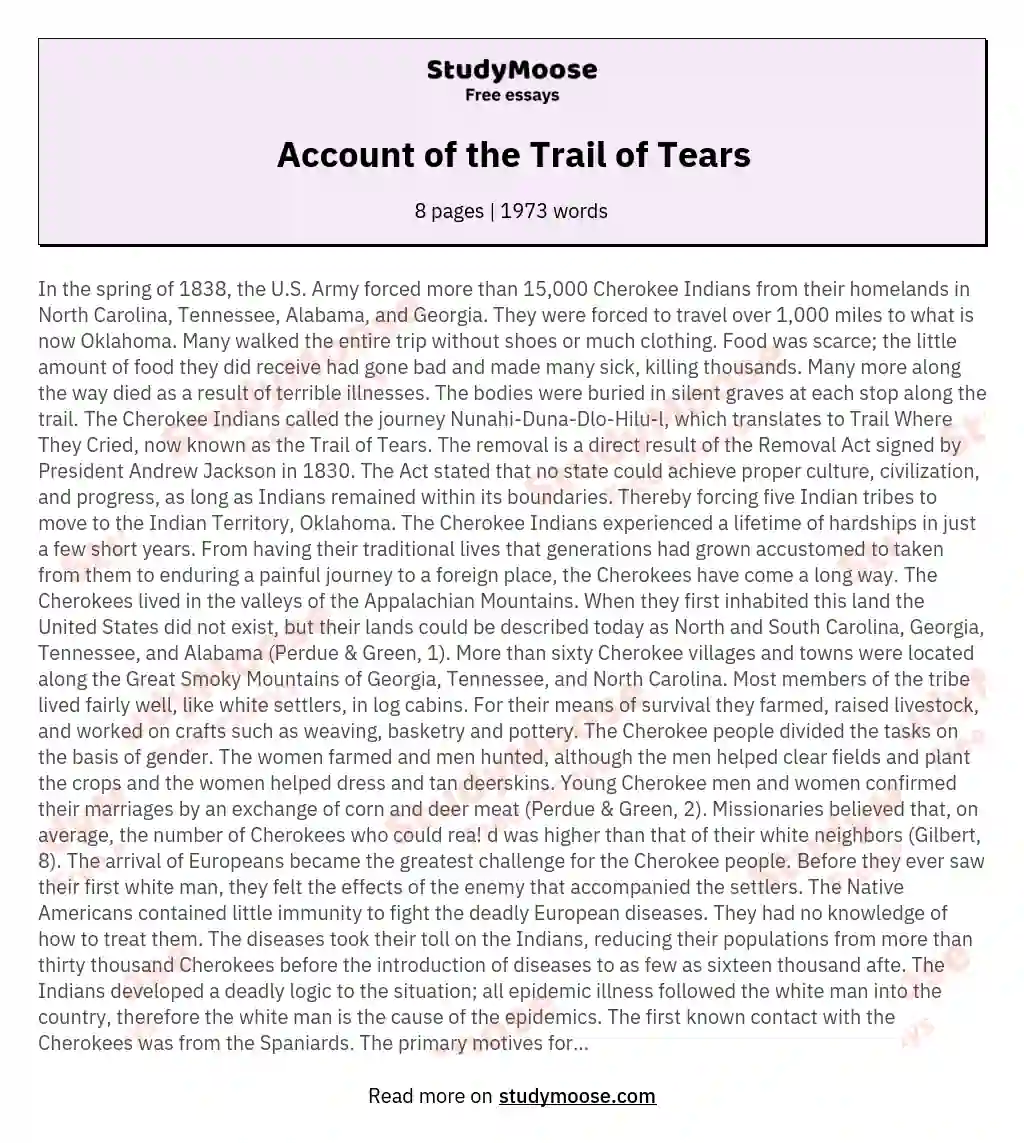 Account of the Trail of Tears essay