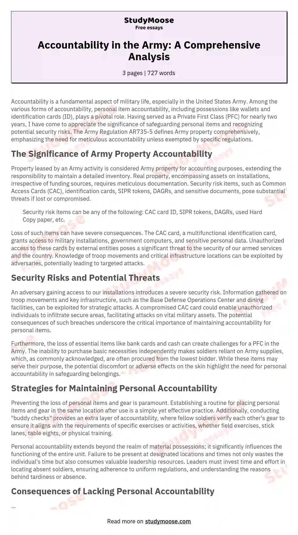Accountability in the Army: A Comprehensive Analysis essay
