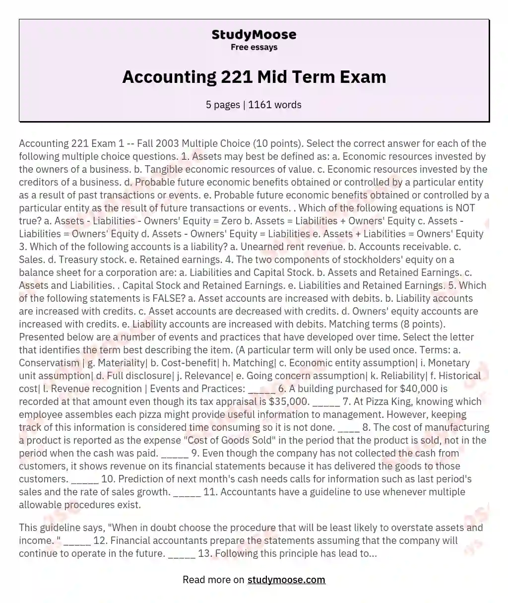 Accounting 221 Mid Term Exam essay