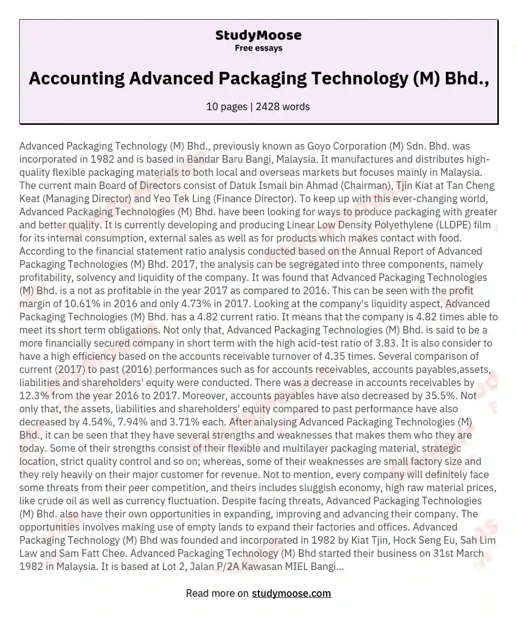 Accounting Advanced Packaging Technology (M) Bhd.,