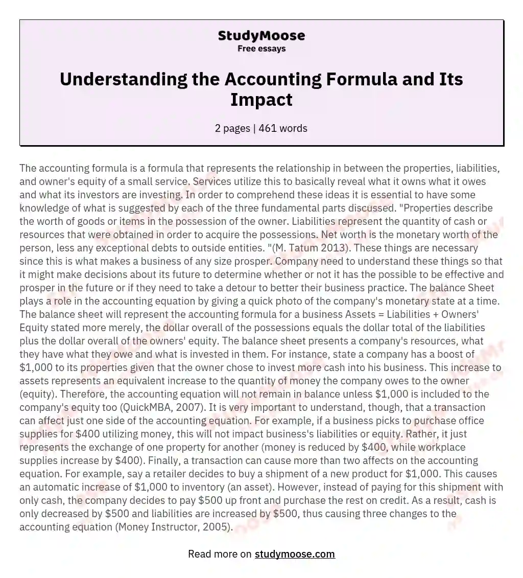 Understanding the Accounting Formula and Its Impact essay