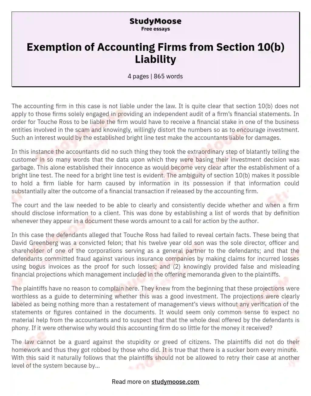 Exemption of Accounting Firms from Section 10(b) Liability essay