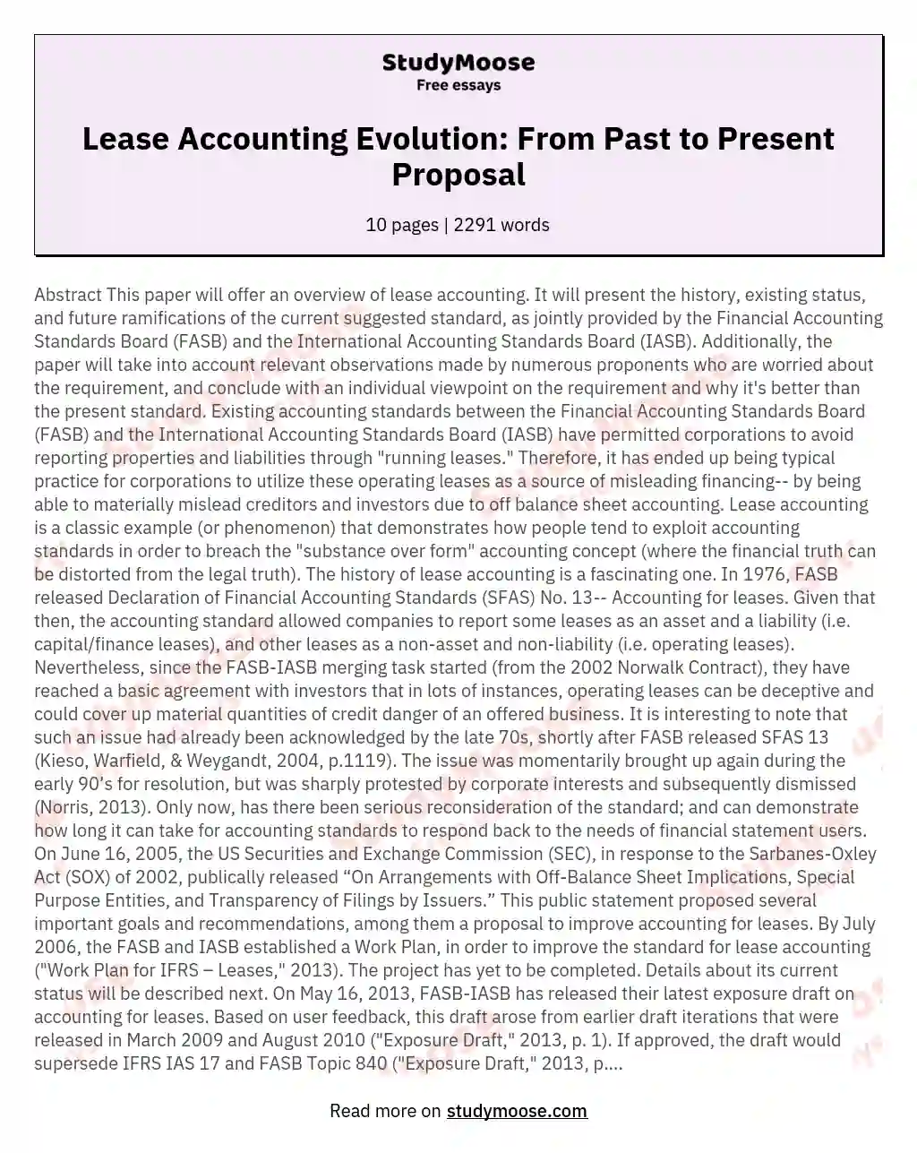 Lease Accounting Evolution: From Past to Present Proposal essay