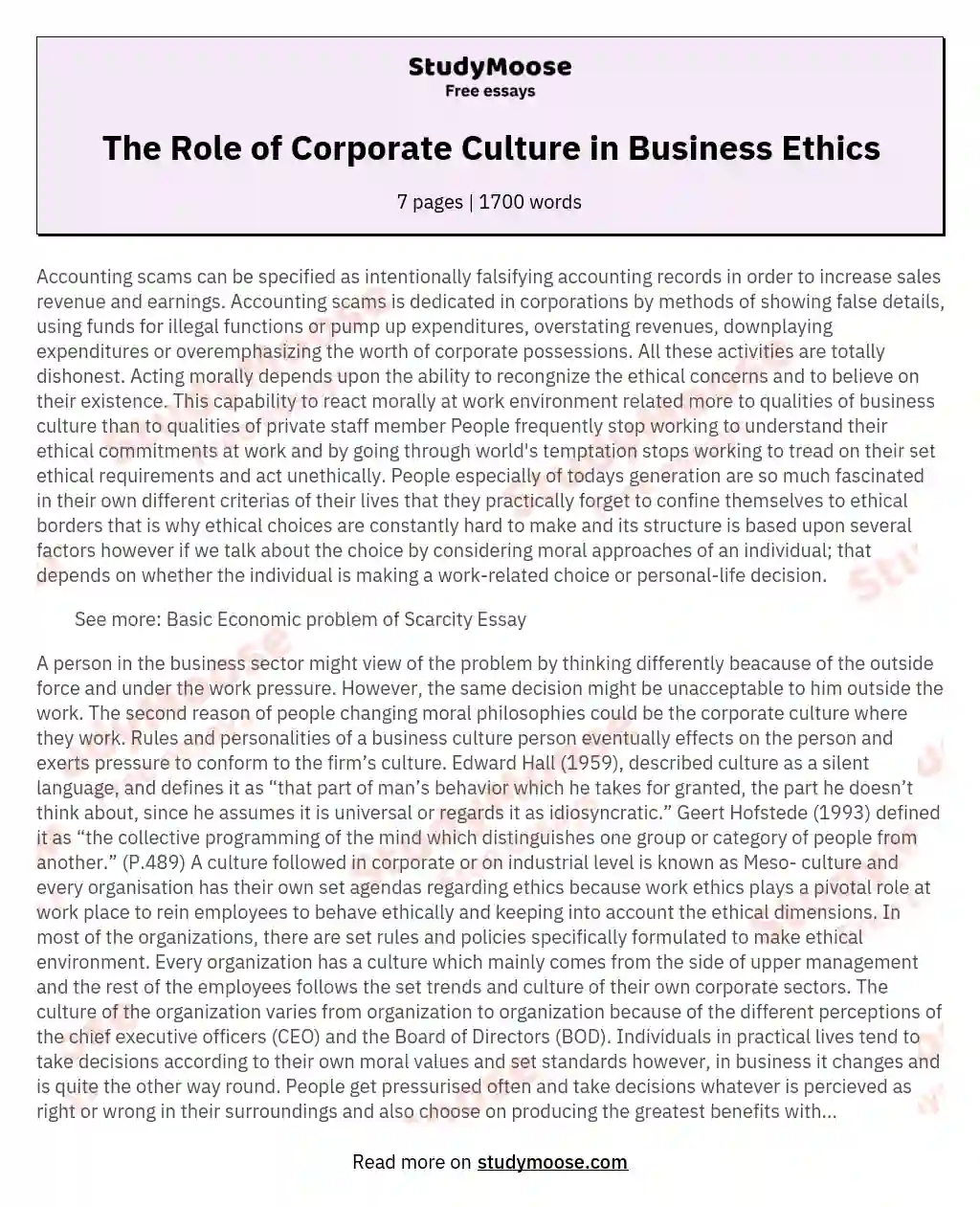 The Role of Corporate Culture in Business Ethics essay