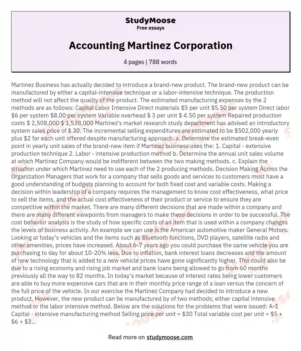 Accounting Martinez Corporation essay