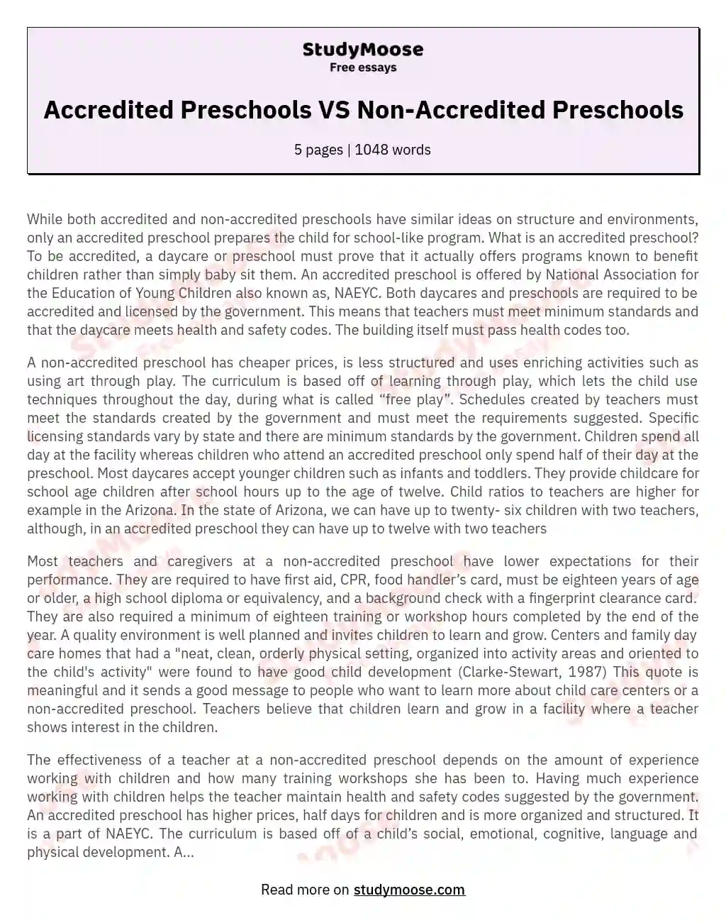 Accredited Preschools VS Non-Accredited Preschools essay