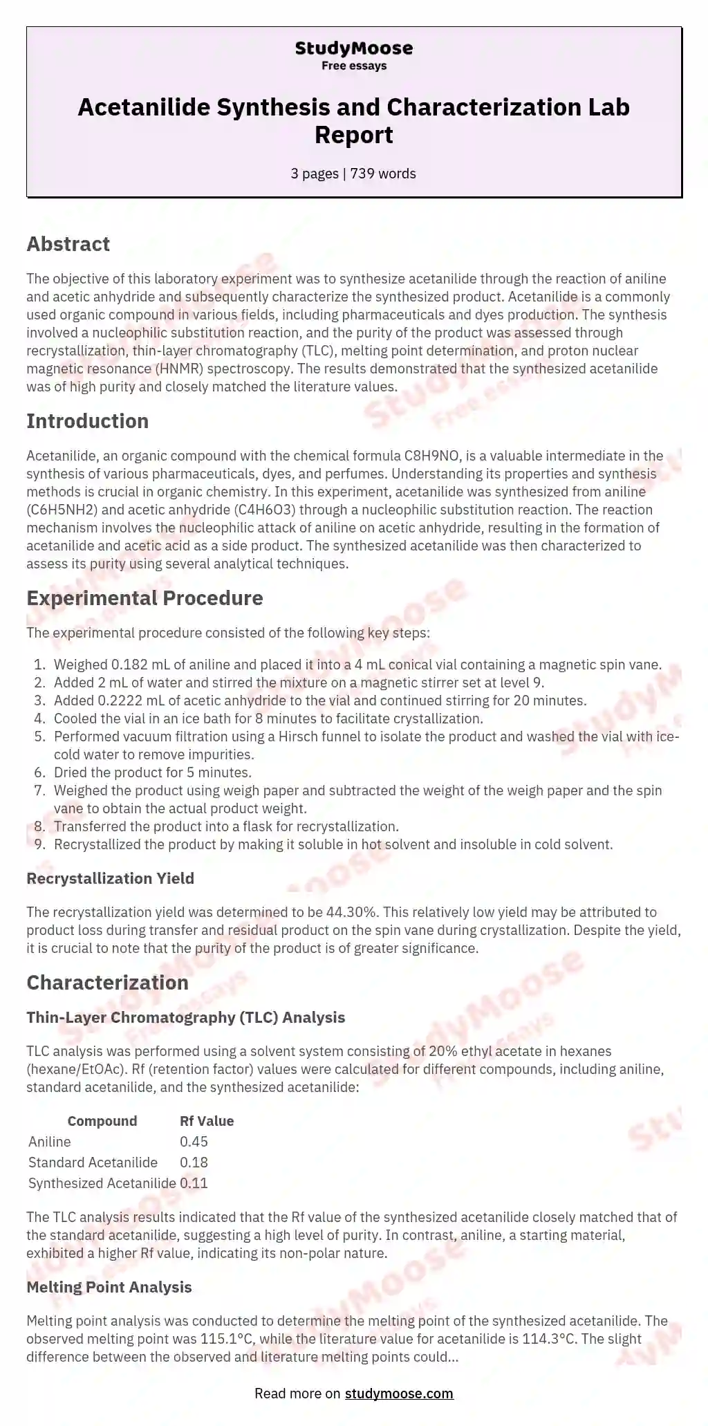 Acetanilide Synthesis and Characterization Lab Report essay
