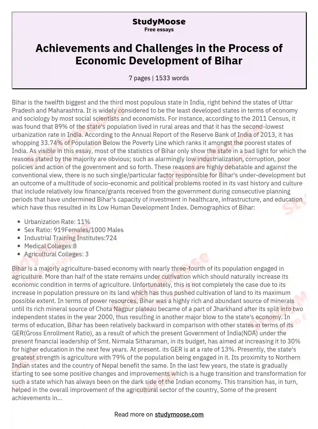 Achievements and Challenges in the Process of Economic Development of Bihar essay