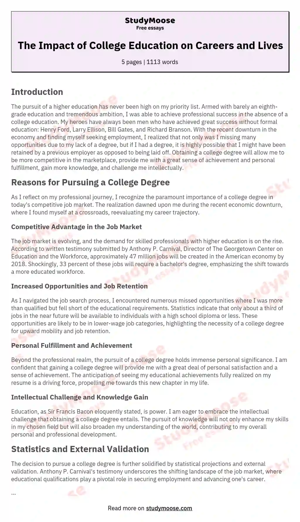 The Impact of College Education on Careers and Lives essay