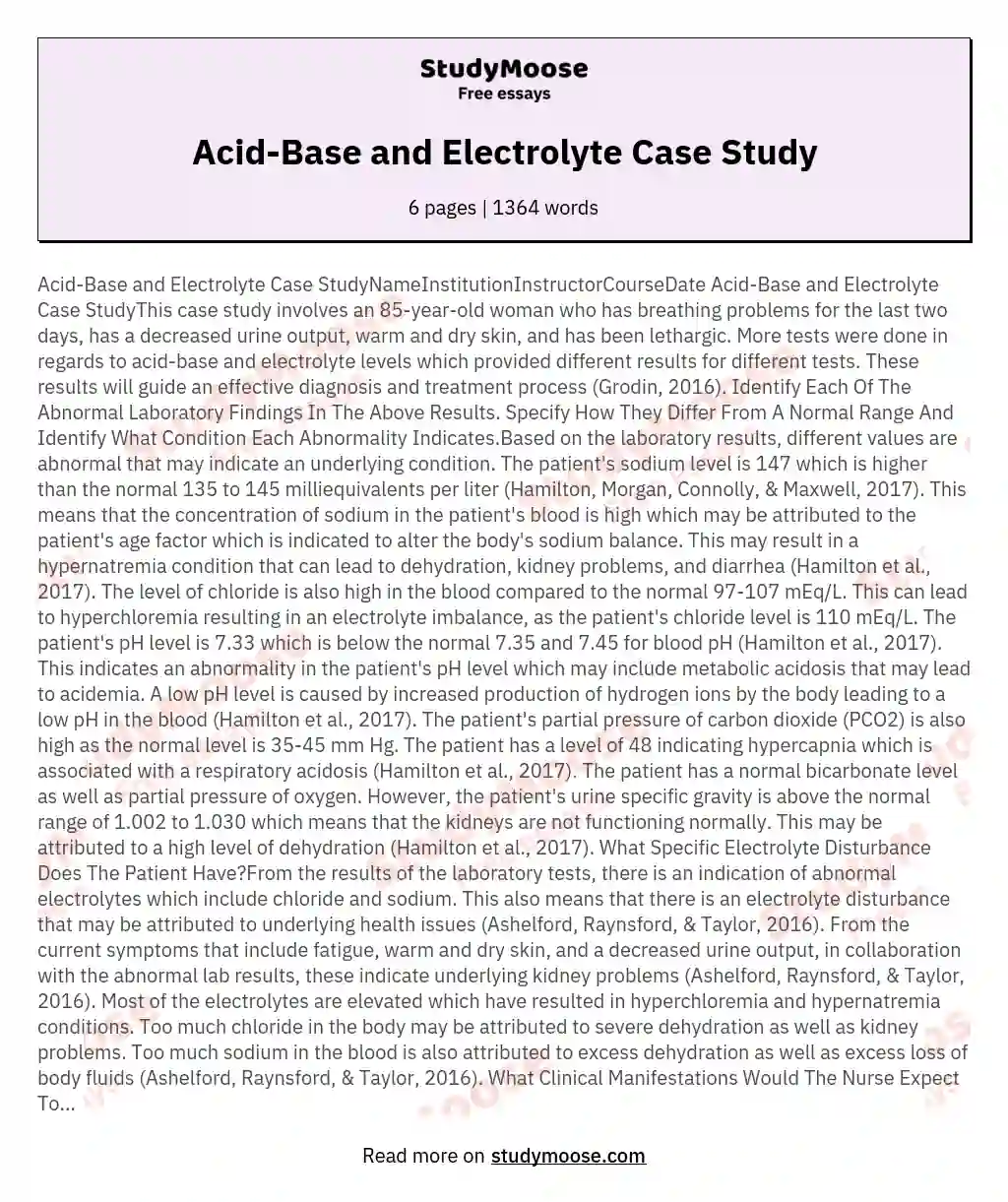 Acid-Base and Electrolyte Case Study essay