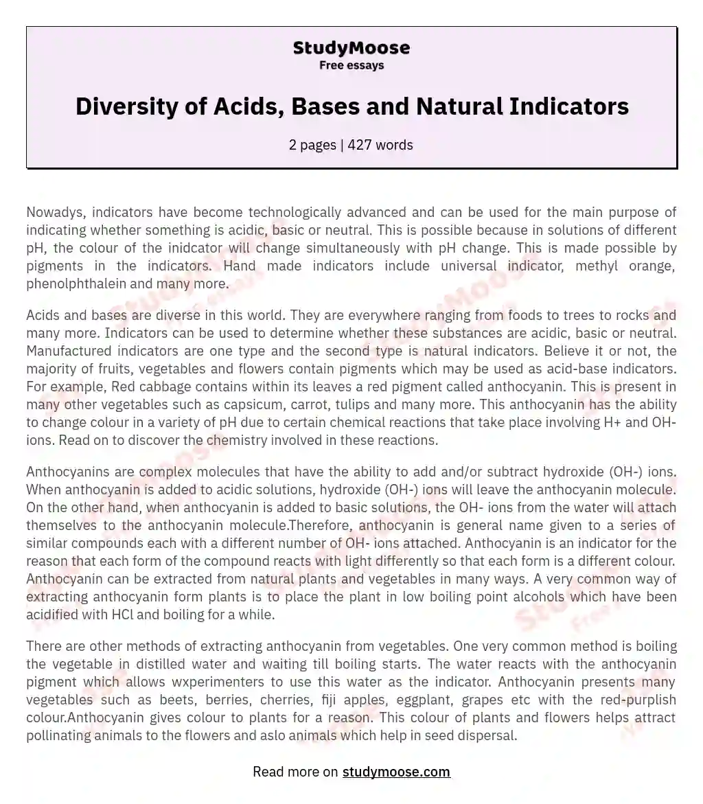 Diversity of Acids, Bases and Natural Indicators essay