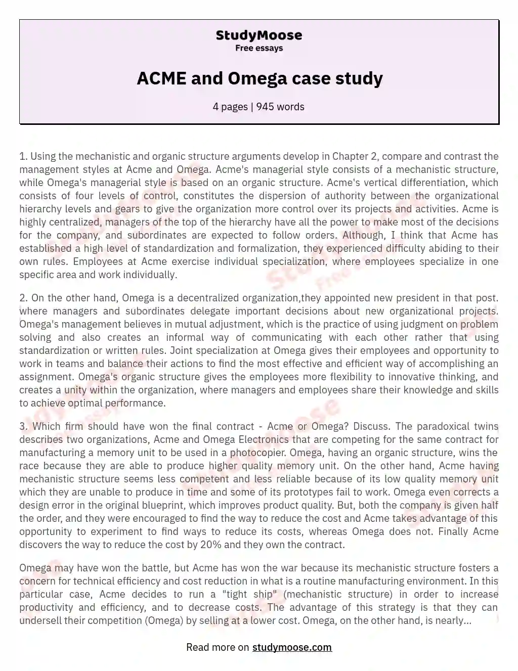 ACME and Omega case study essay