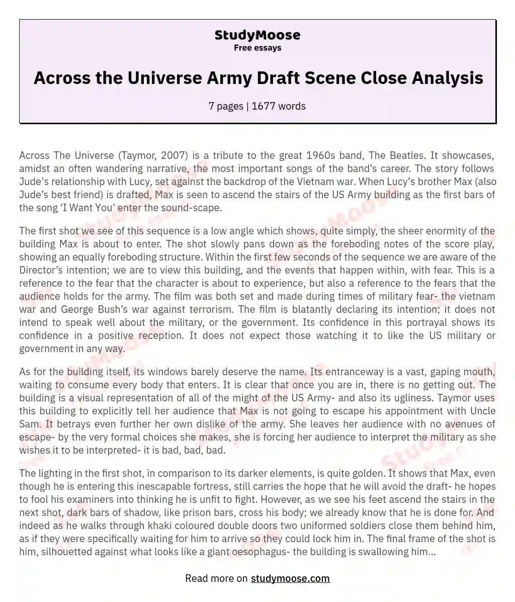 Across the Universe Army Draft Scene Close Analysis essay