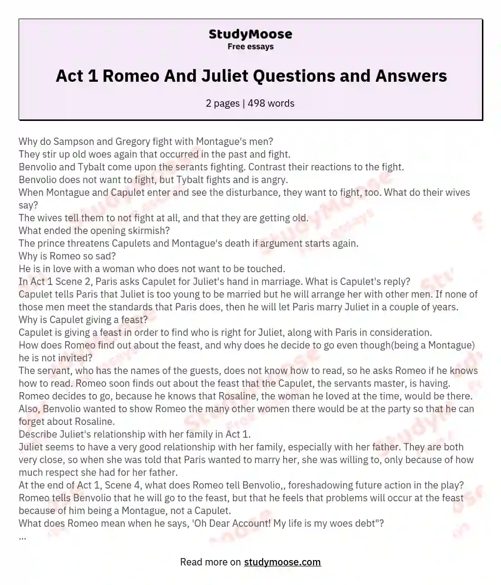 Act 1 Romeo And Juliet Questions and Answers