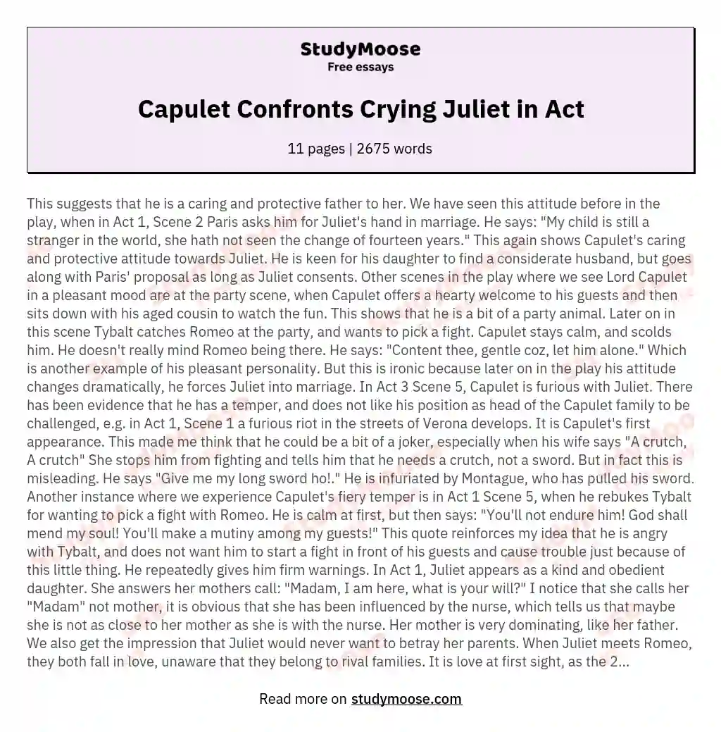 Capulet Confronts Crying Juliet in Act essay