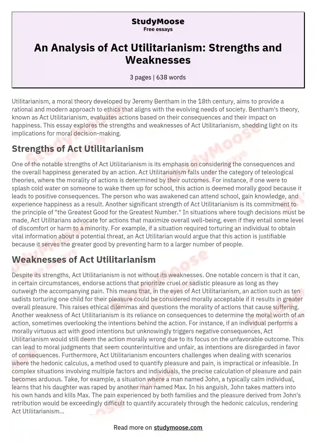 An Analysis of Act Utilitarianism: Strengths and Weaknesses essay