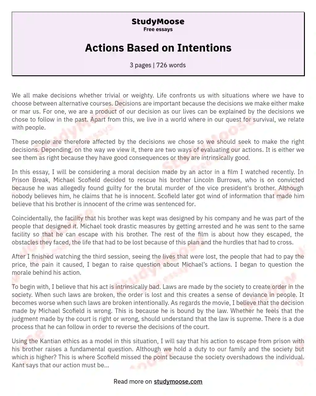 Actions Based on Intentions essay