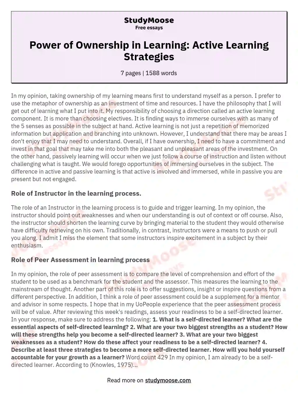 Power of Ownership in Learning: Active Learning Strategies essay