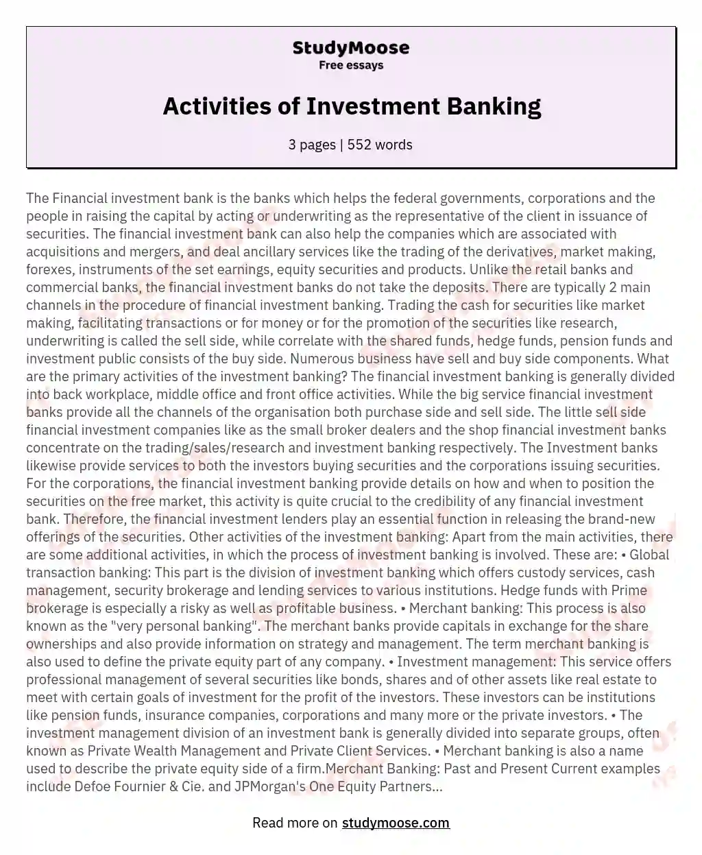 Activities of Investment Banking essay