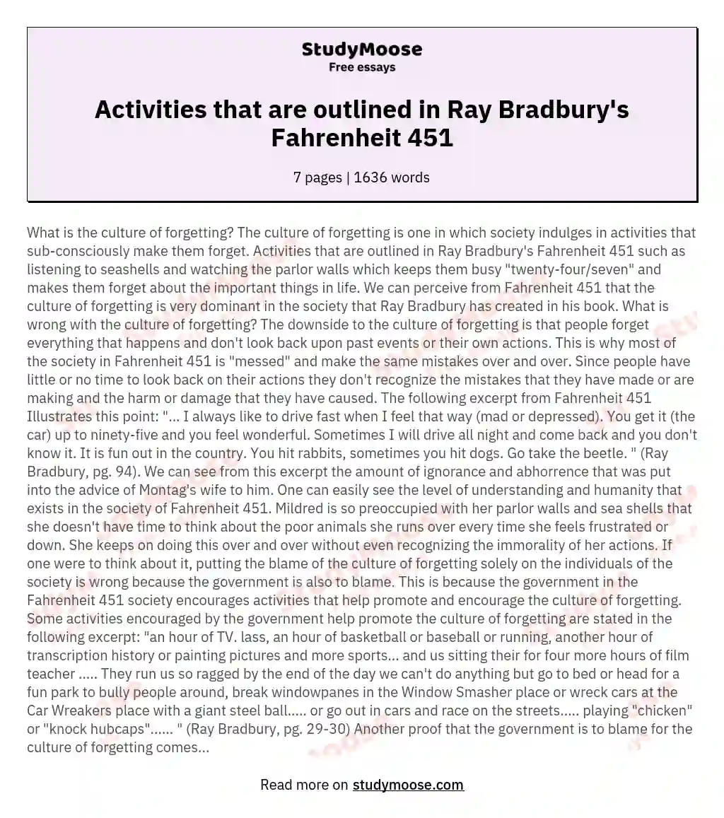 Activities that are outlined in Ray Bradbury's Fahrenheit 451 essay