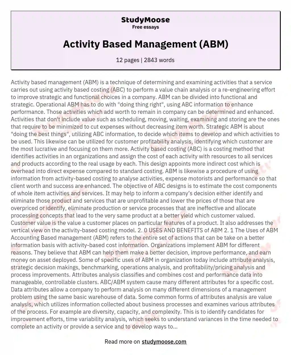 Activity Based Management (ABM) essay