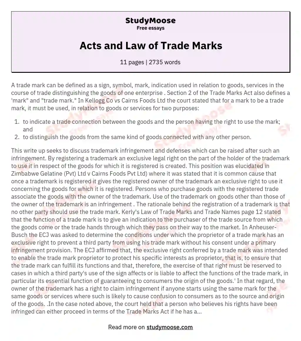 Acts and Law of Trade Marks essay