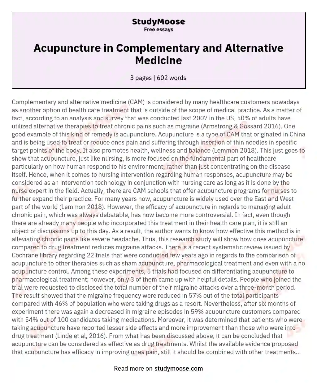 Acupuncture in Complementary and Alternative Medicine