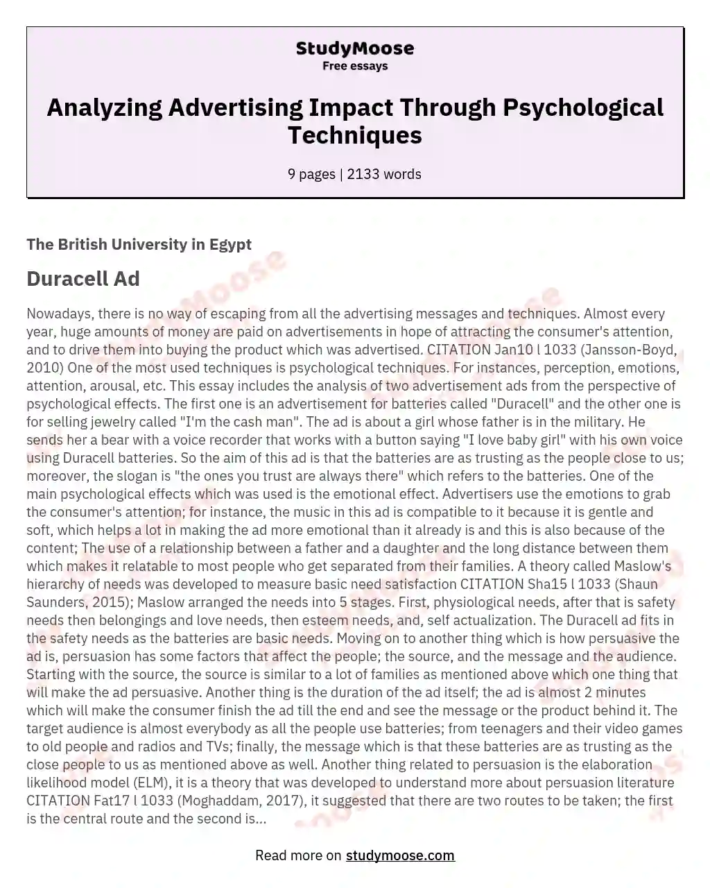Analyzing Advertising Impact Through Psychological Techniques essay