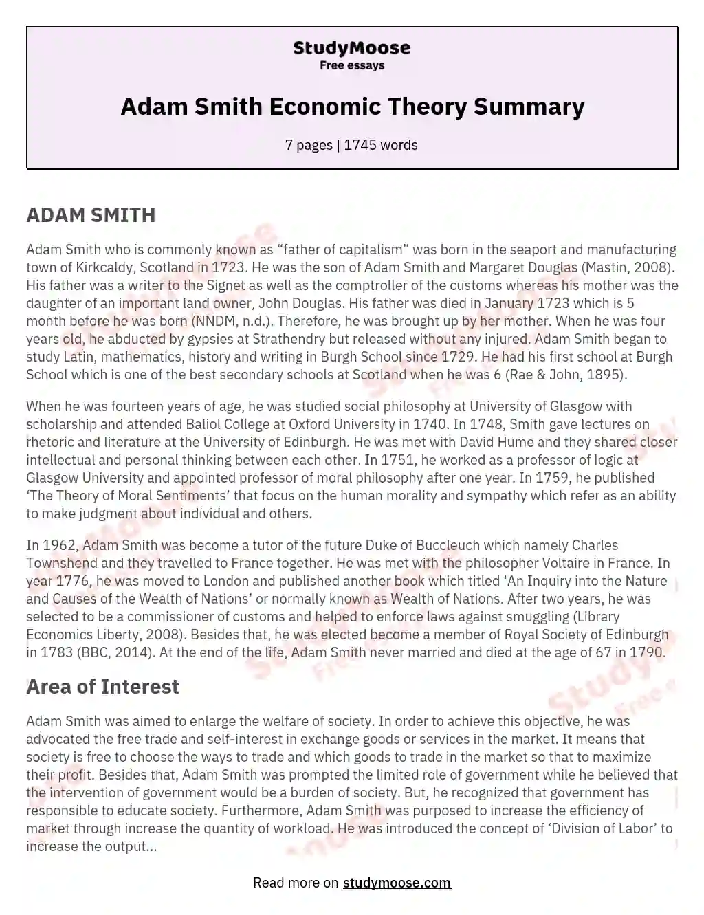 Adam Smith Economic Theory Summary essay