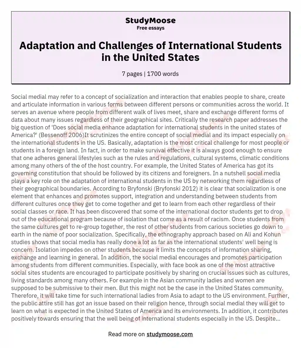 Adaptation and Challenges of International Students in the United States essay