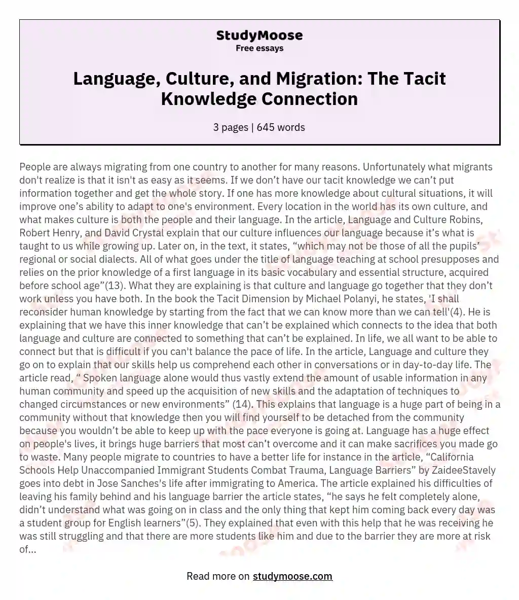 Language, Culture, and Migration: The Tacit Knowledge Connection essay