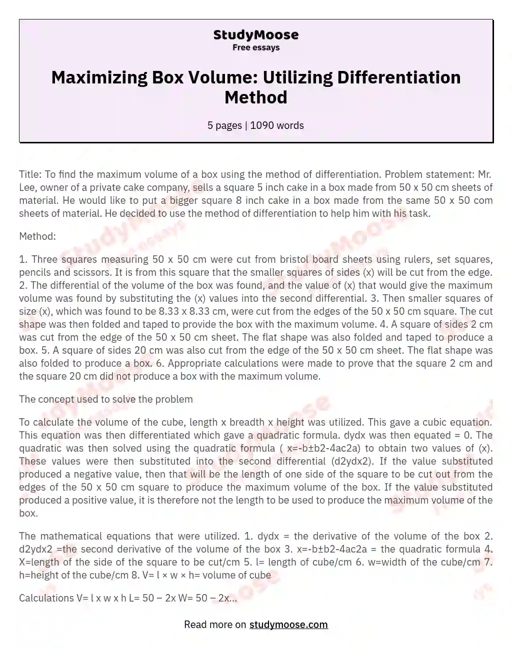 Maximizing Box Volume: Utilizing Differentiation Method essay