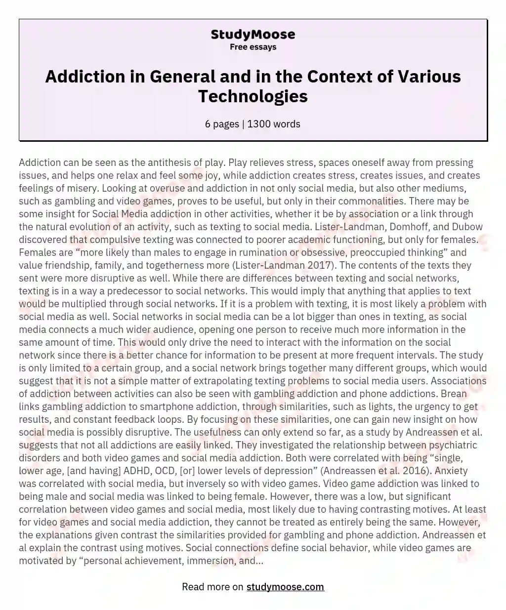 Addiction in General and in the Context of Various Technologies essay
