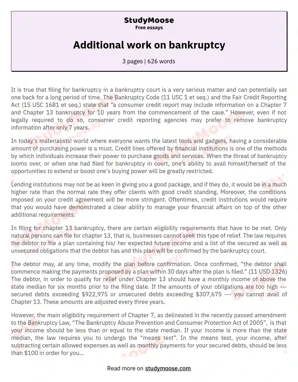 Additional work on bankruptcy essay