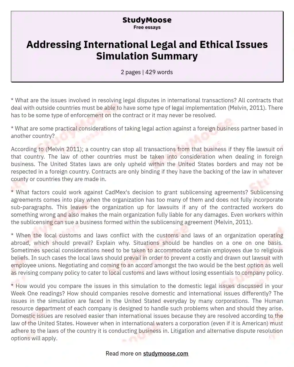 Addressing International Legal and Ethical Issues Simulation Summary essay