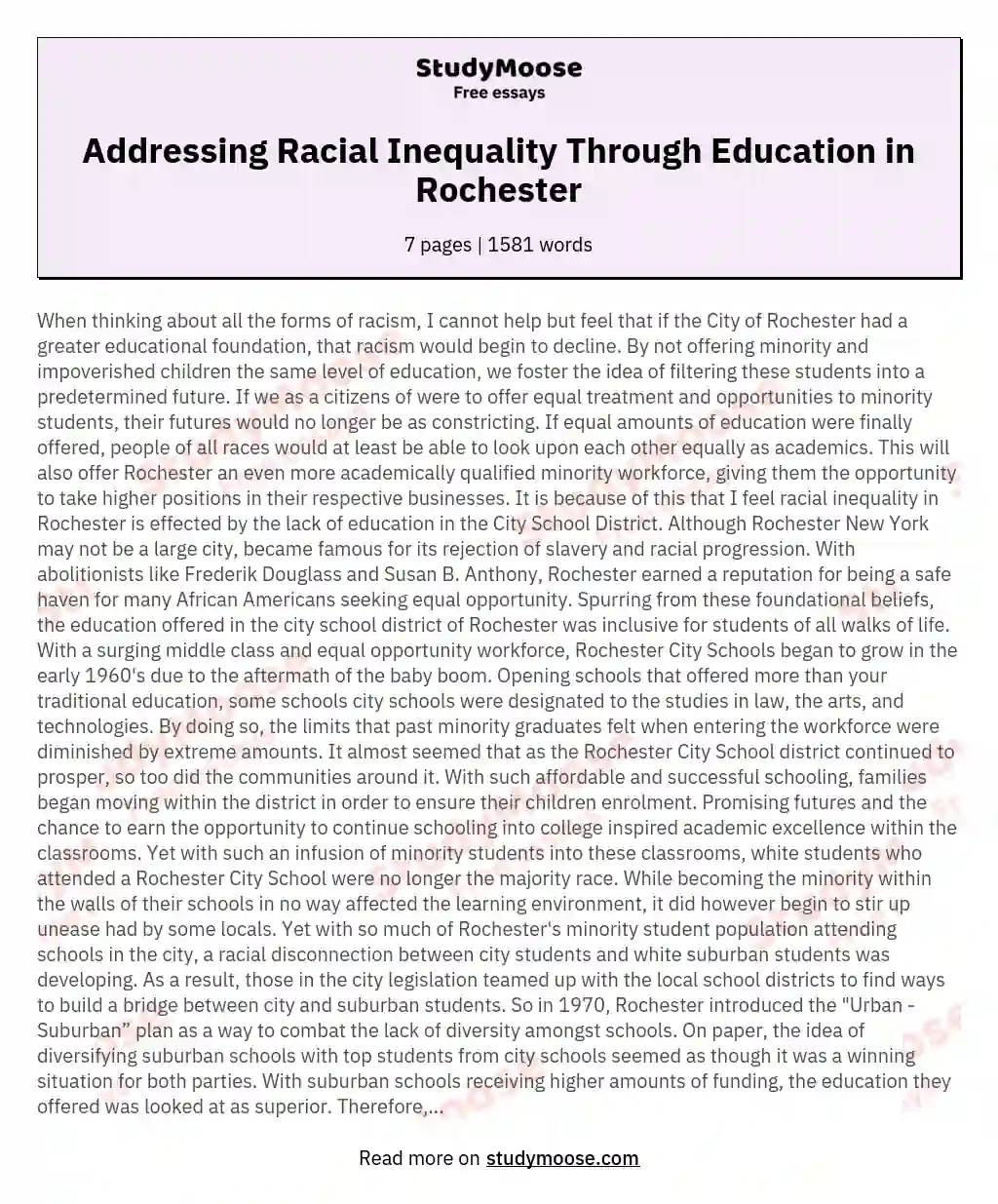 Addressing Racial Inequality Through Education in Rochester essay