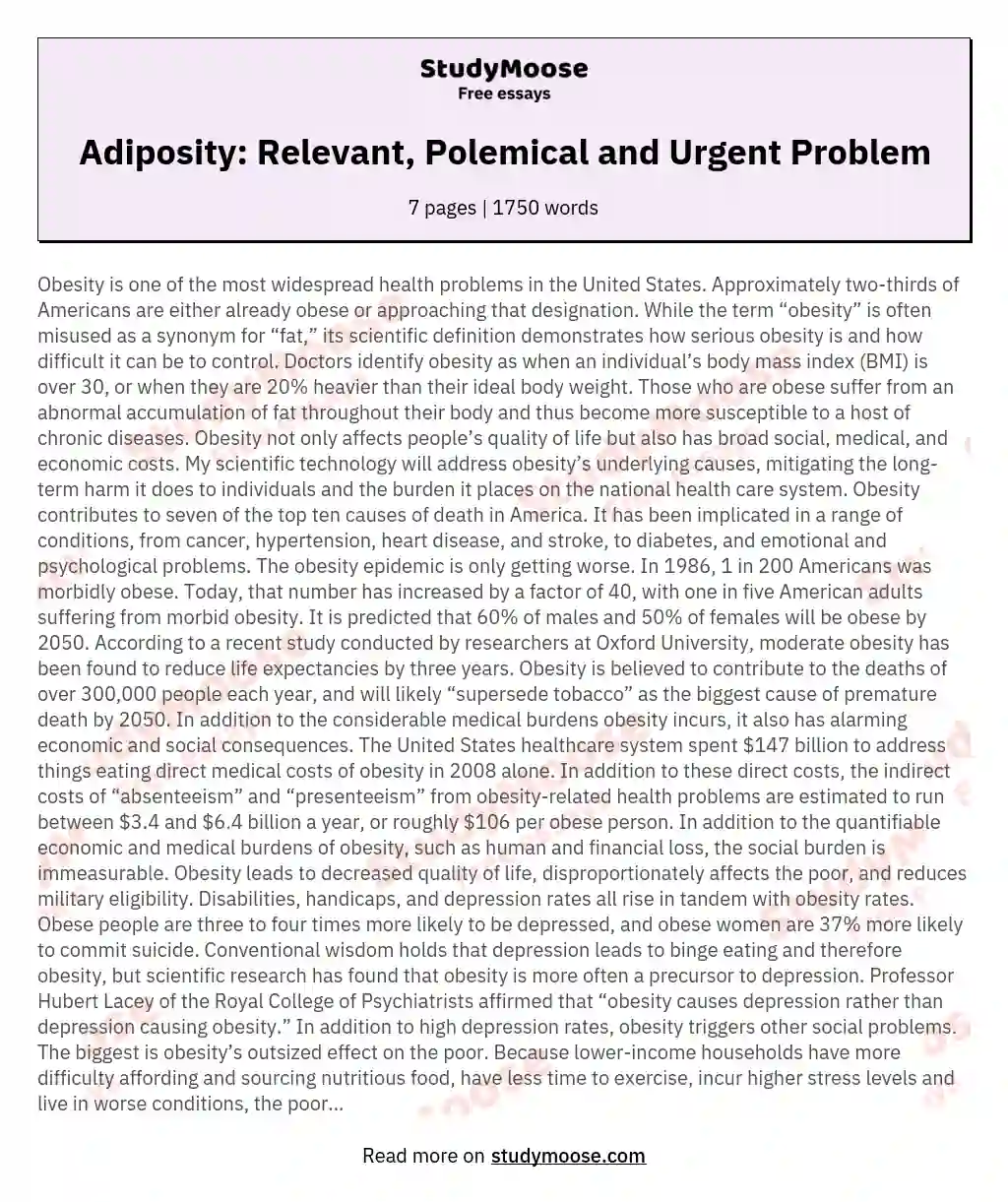 Adiposity: Relevant, Polemical and Urgent Problem essay