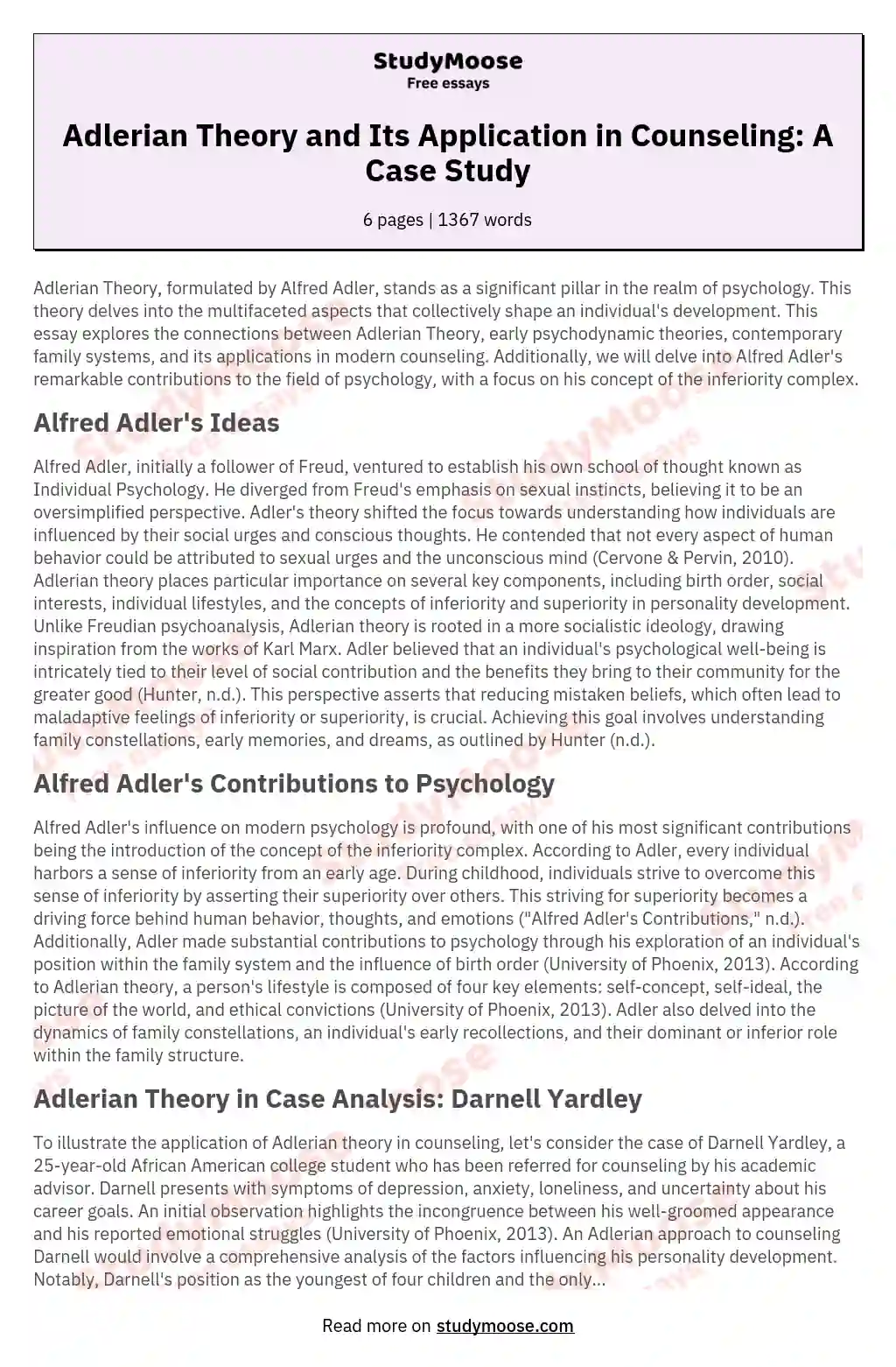 Adlerian Theory and Its Application in Counseling: A Case Study essay
