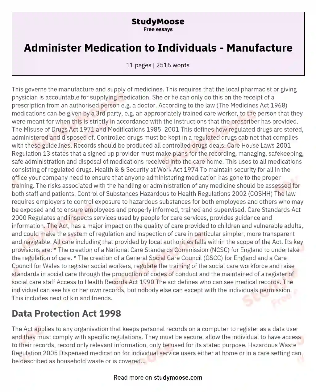 Administer Medication to Individuals - Manufacture essay