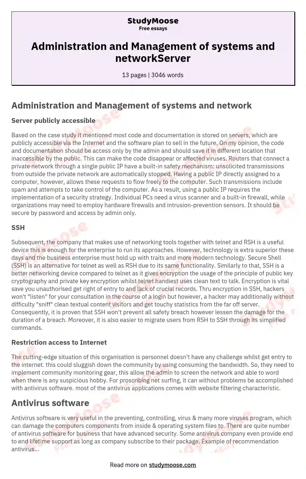 Administration and Management of systems and networkServer essay