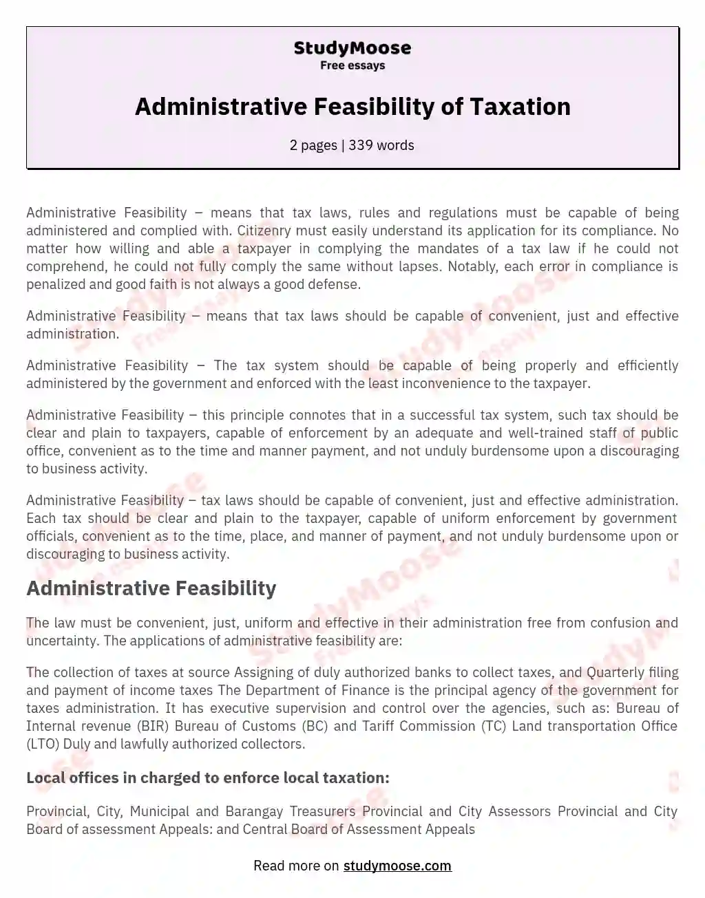 Administrative Feasibility of Taxation