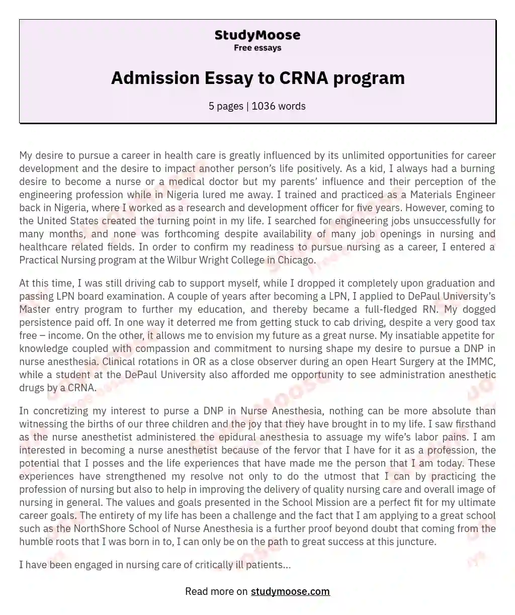 Admission Essay to CRNA program essay