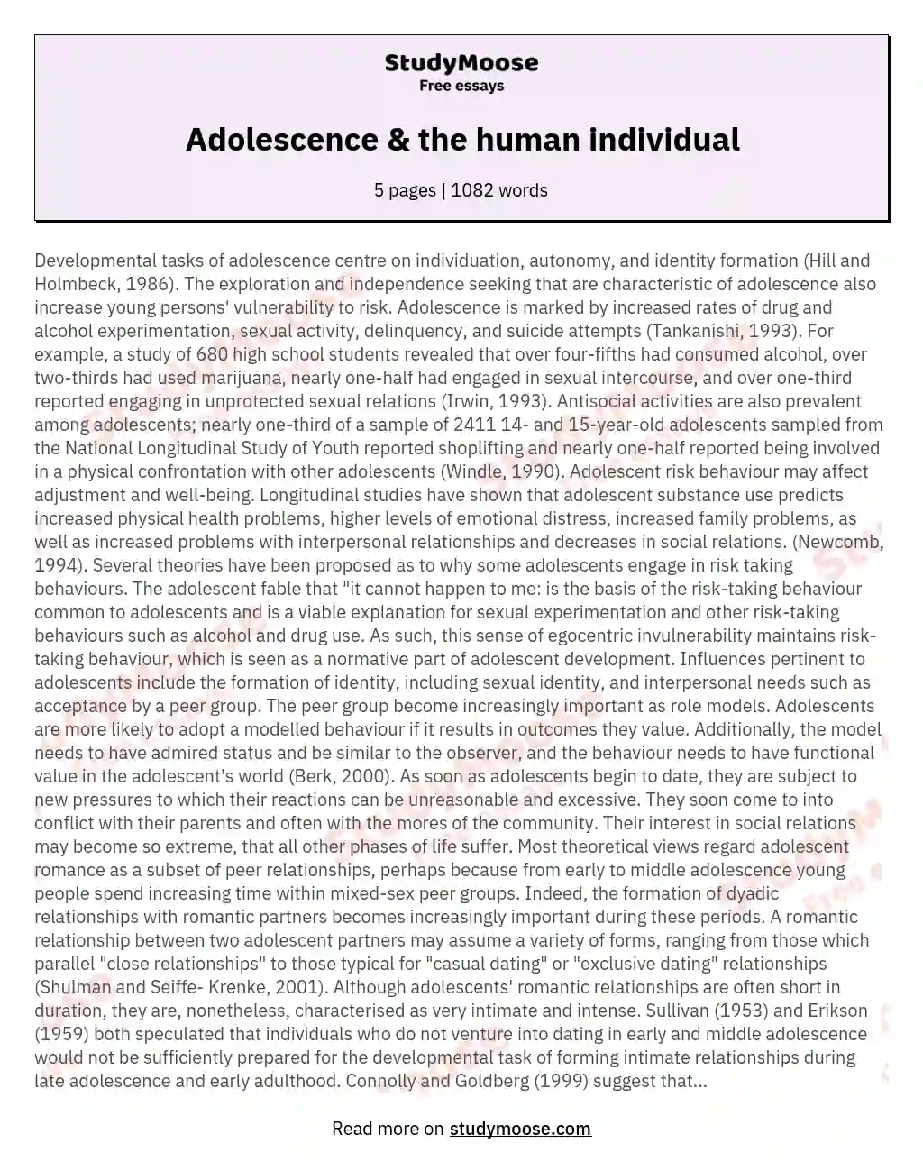 Adolescence &amp; the human individual essay