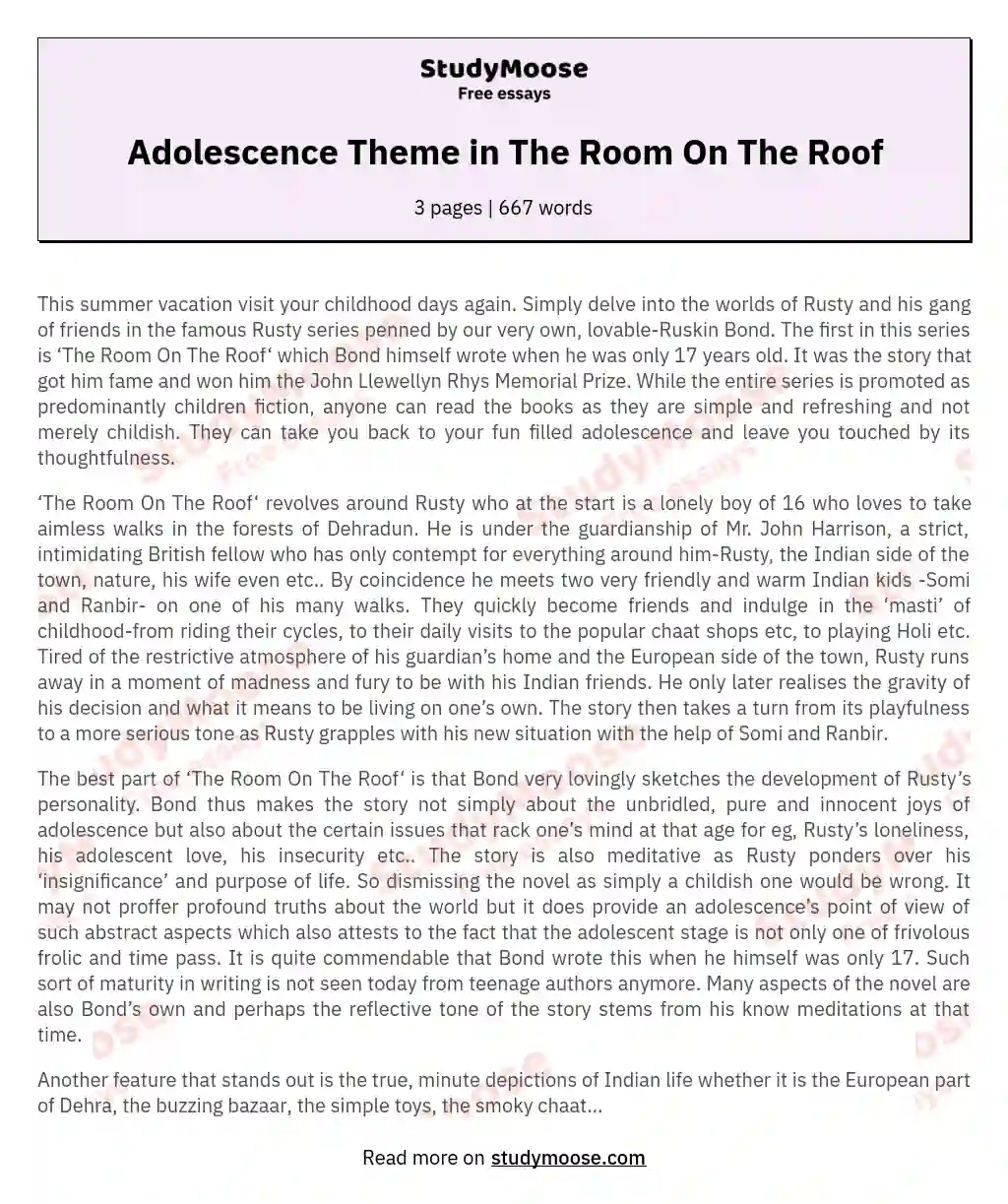 Adolescence Theme in The Room On The Roof essay